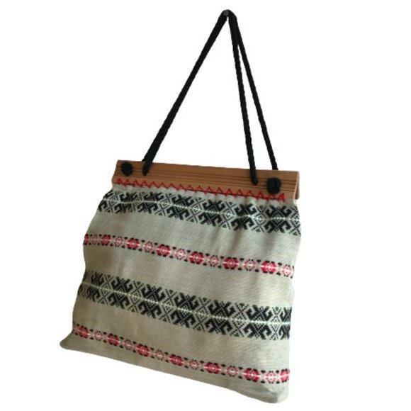 Vintage Tribal Pattern Rope Wood Handmade Tote Bag - Picture 1 of 13